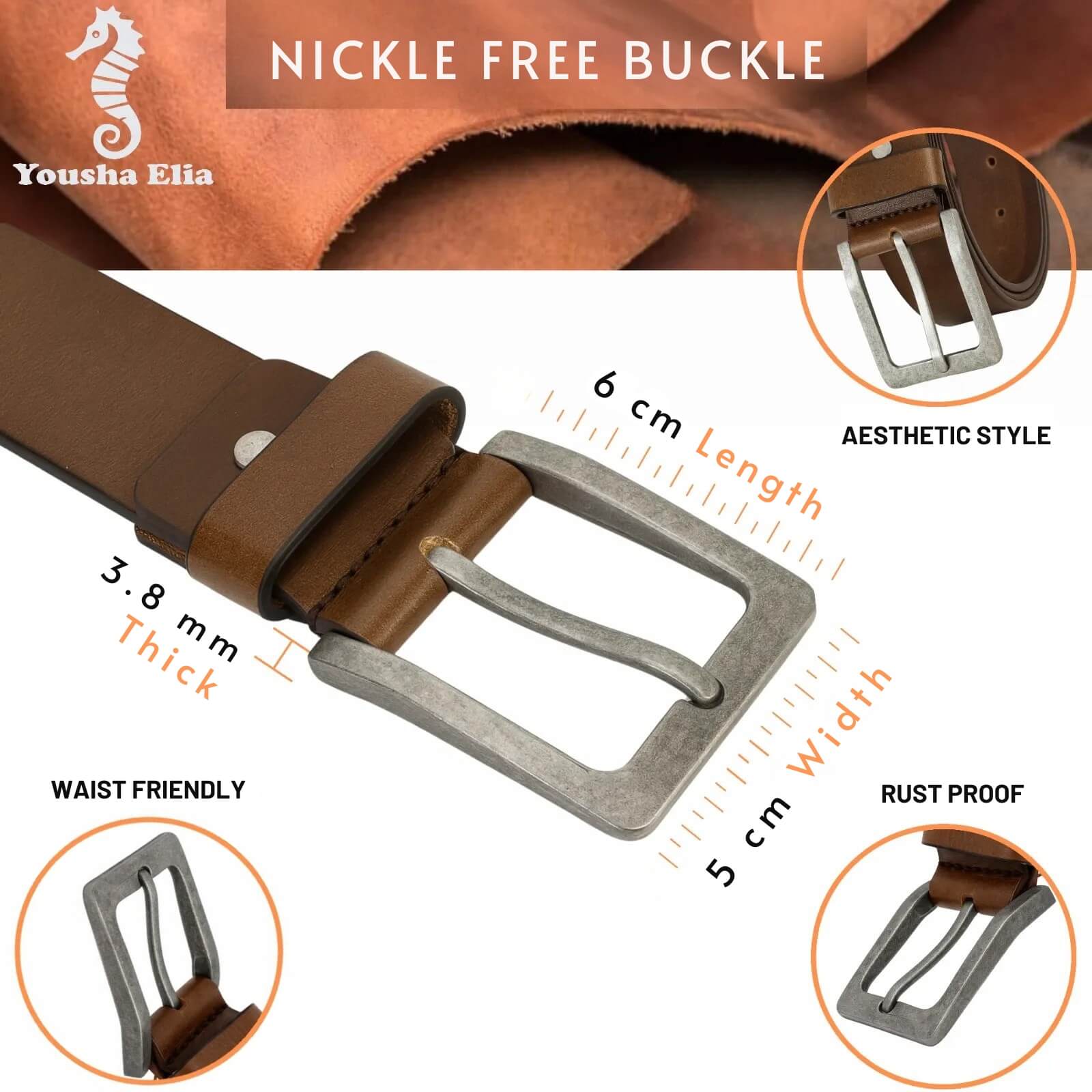 Brown leather belt with nickel-free buckle, featuring specifications and brand name.
