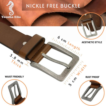 Brown leather belt with nickel-free buckle, featuring specifications and brand name.