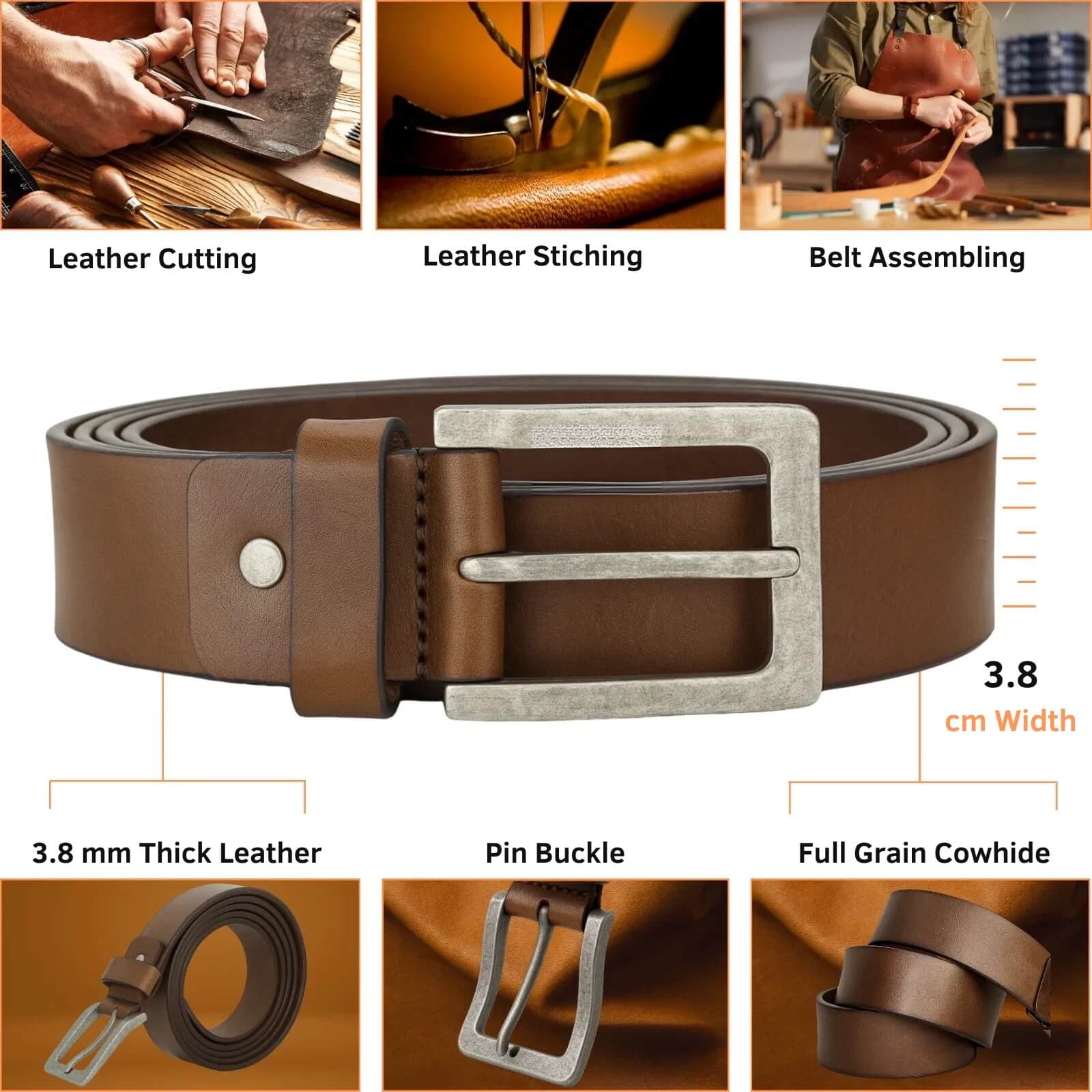 Brown leather belt with silver buckle, shown with assembly steps and specifications.