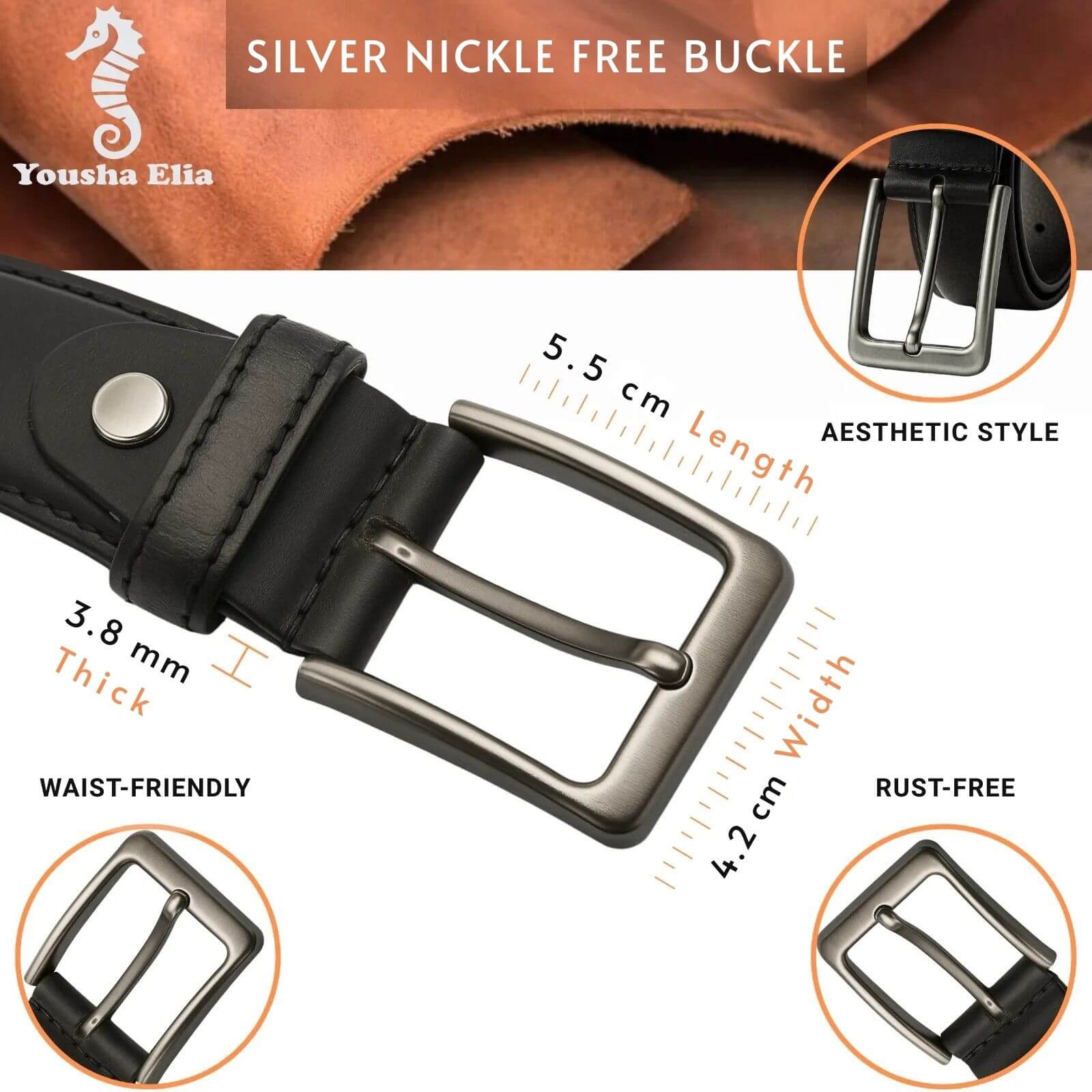 Black leather belt with silver buckle, featuring specifications and brand name.