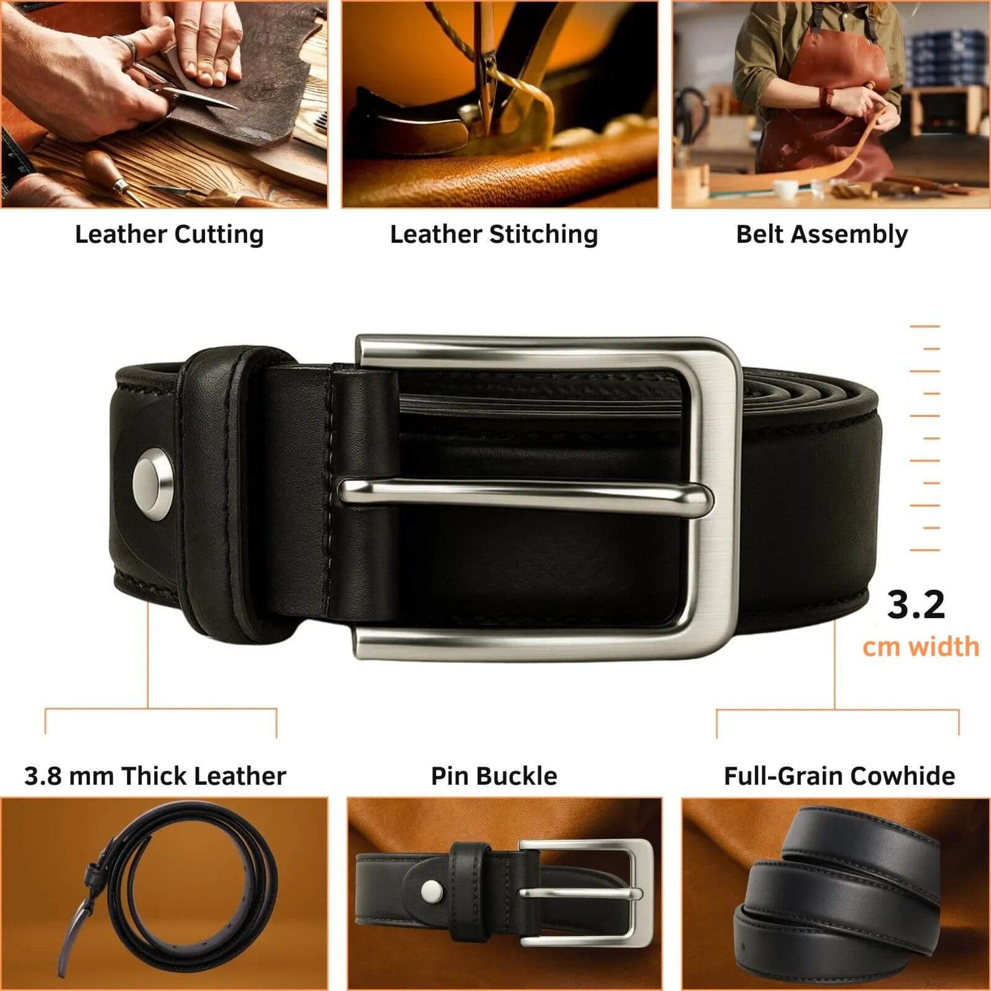 Black leather belt with silver buckle, shown with assembly steps and product details.