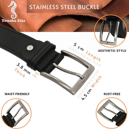 Black belt with stainless steel buckle, featuring details on buckle size and material.