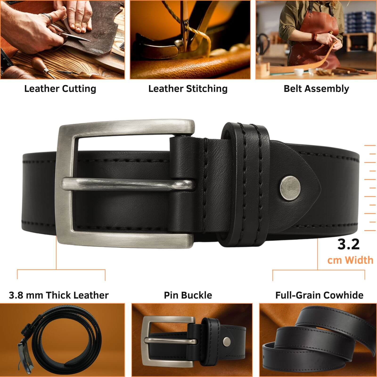 Black leather belt with metal buckle, showing assembly process and material details.