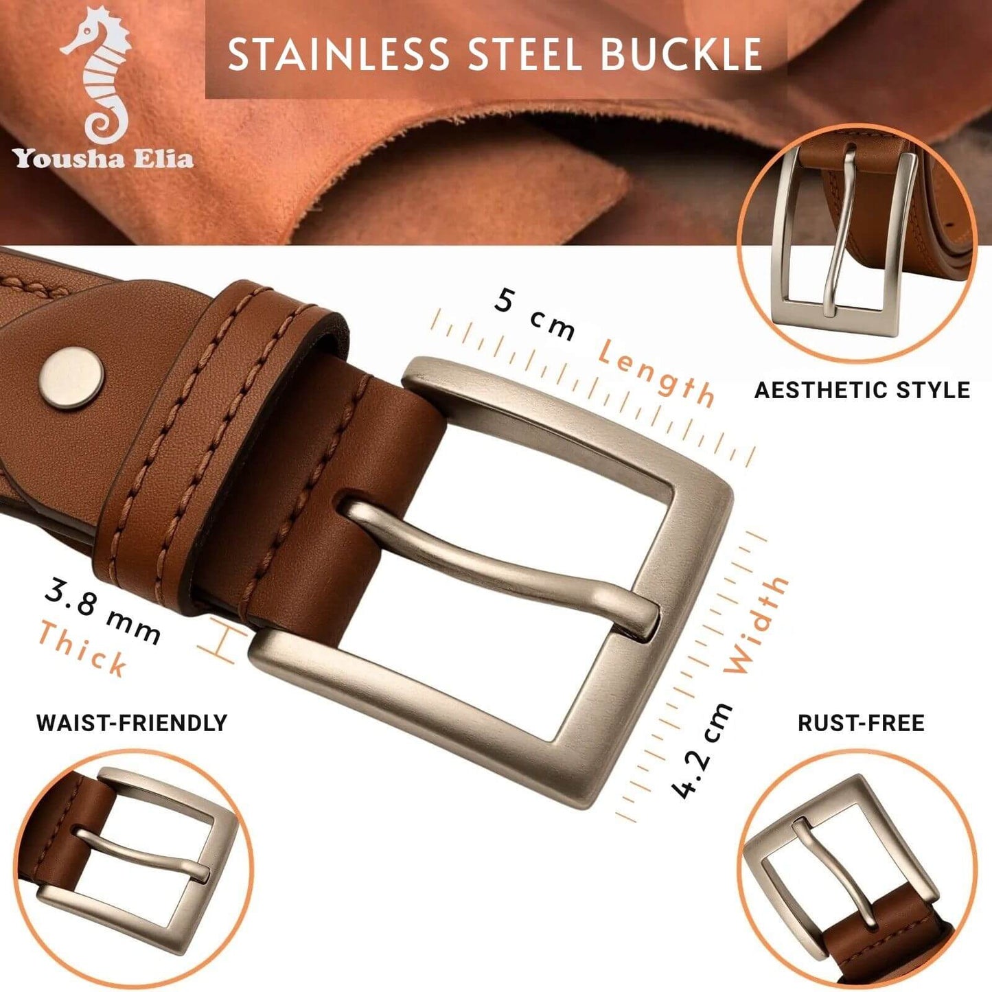 Brown leather belt with stainless steel buckle, featuring specifications and brand name.