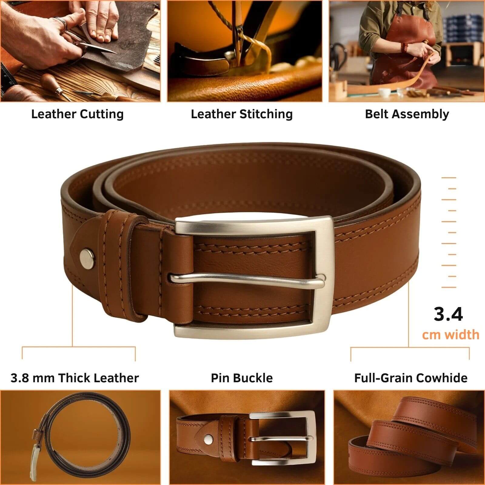 Brown leather belt with metal buckle, shown with close-up details and assembly steps.