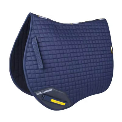 Navy blue quilted saddle pad with a brand logo on a white background