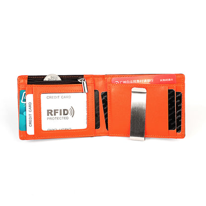 Orange wallet with card slots and an RFID protected feature on a white background