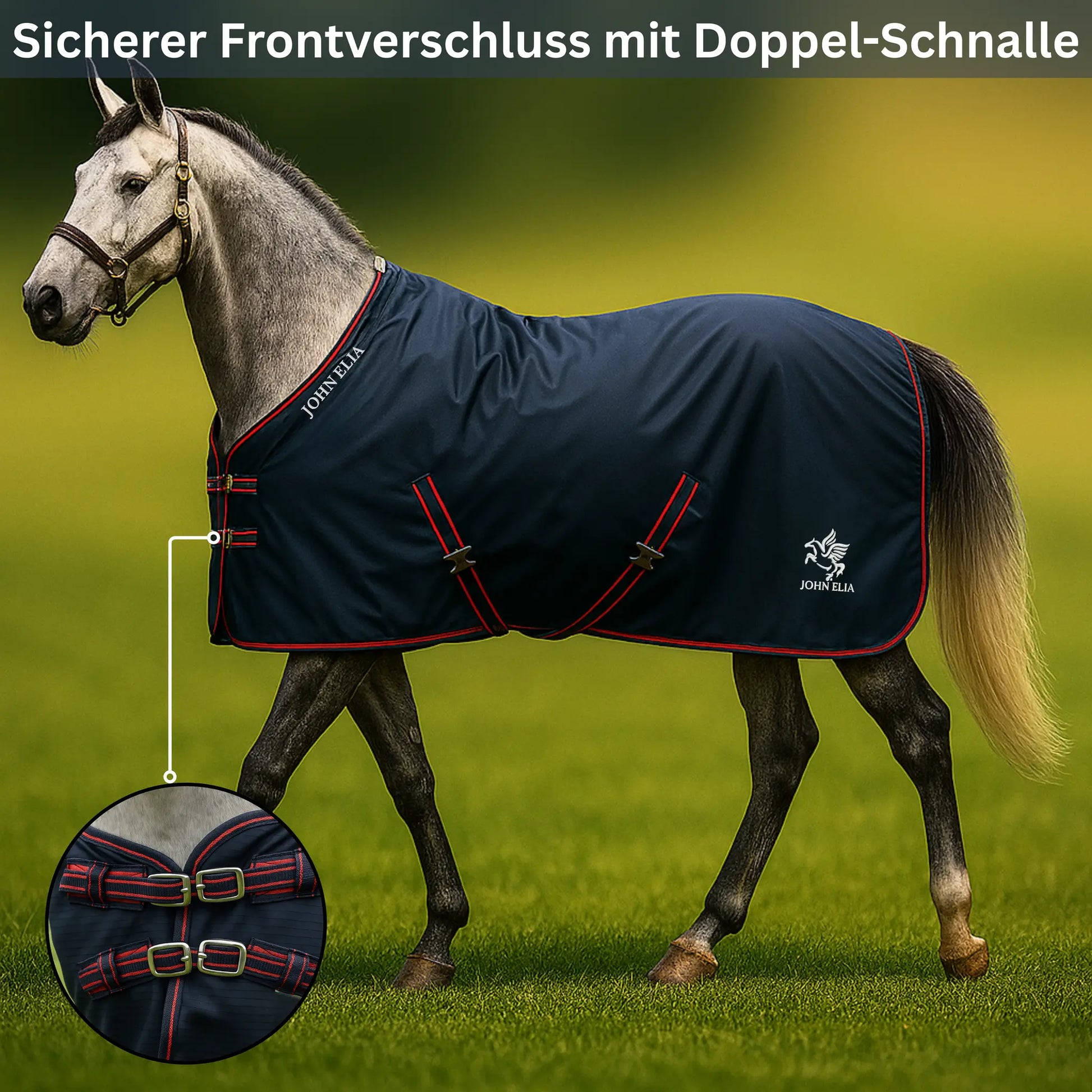 Horse wearing a navy blanket with double buckle design on a grassy field