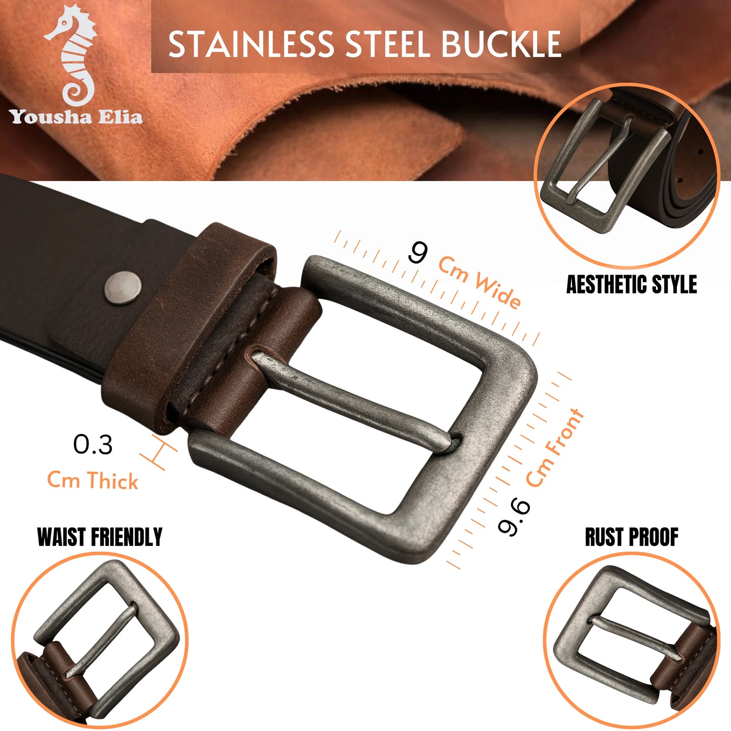 Brown belt with stainless steel buckle, showing buckle details and product features.