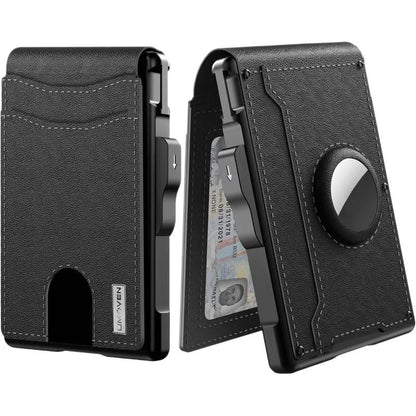 Black wallet with card holder and phone stand feature on a white background