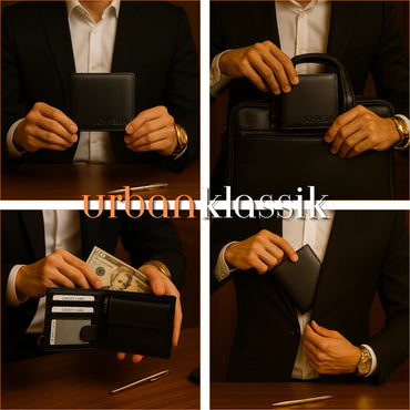 Person holding a black leather wallet with 'urban klassik' branding, displaying its features.