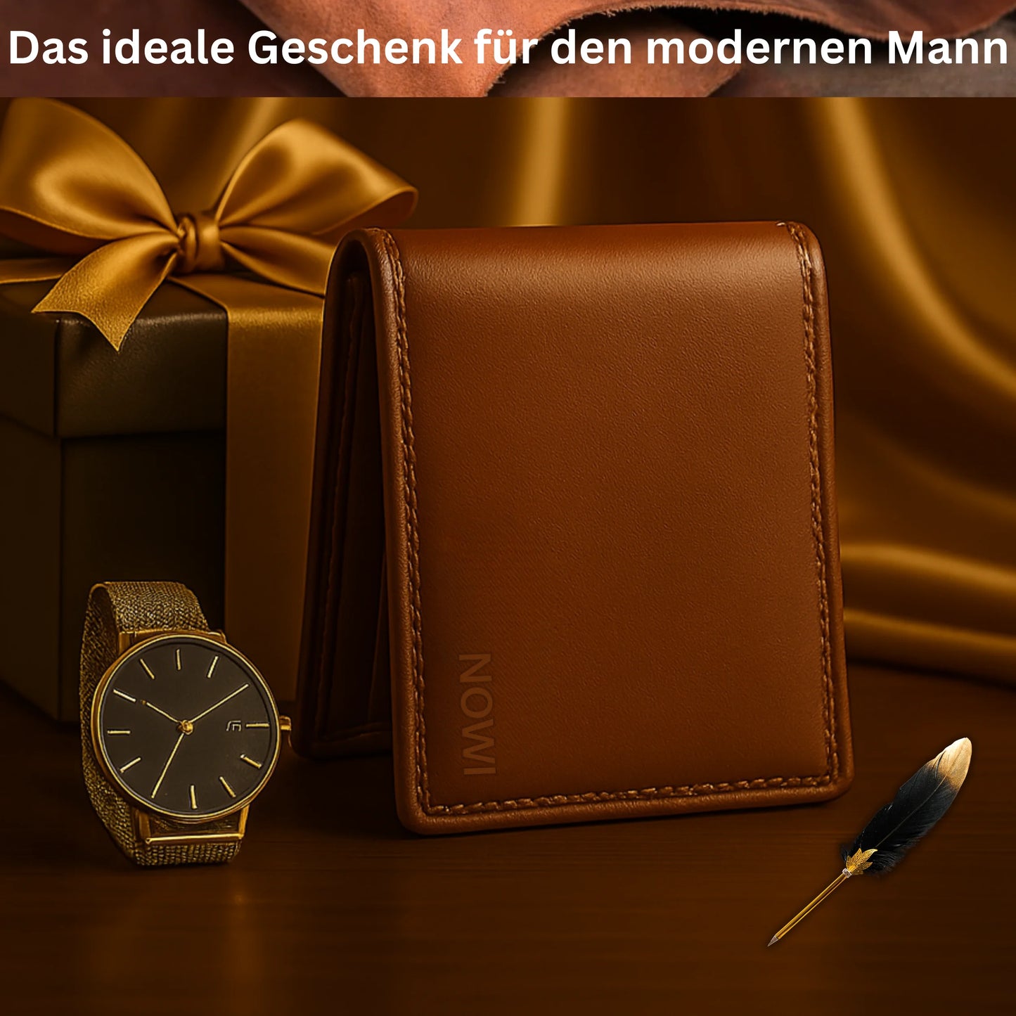 Brown leather wallet and watch with a gold bow on a brown background