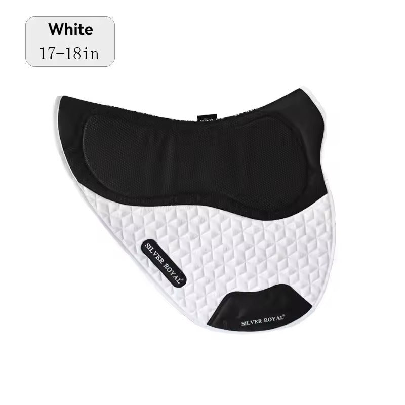 White and black saddle pad with 'Silver Royal' branding on a white background