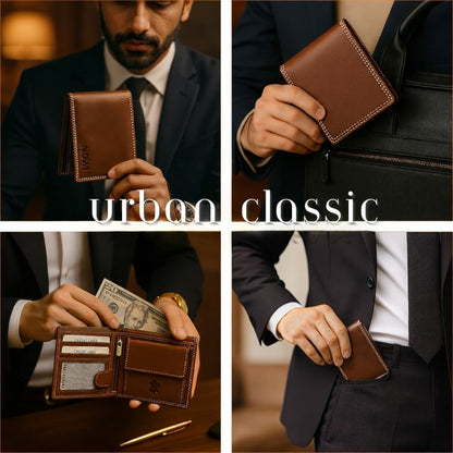 Collage of a brown leather wallet being held, opened, and worn by a person in a suit.
