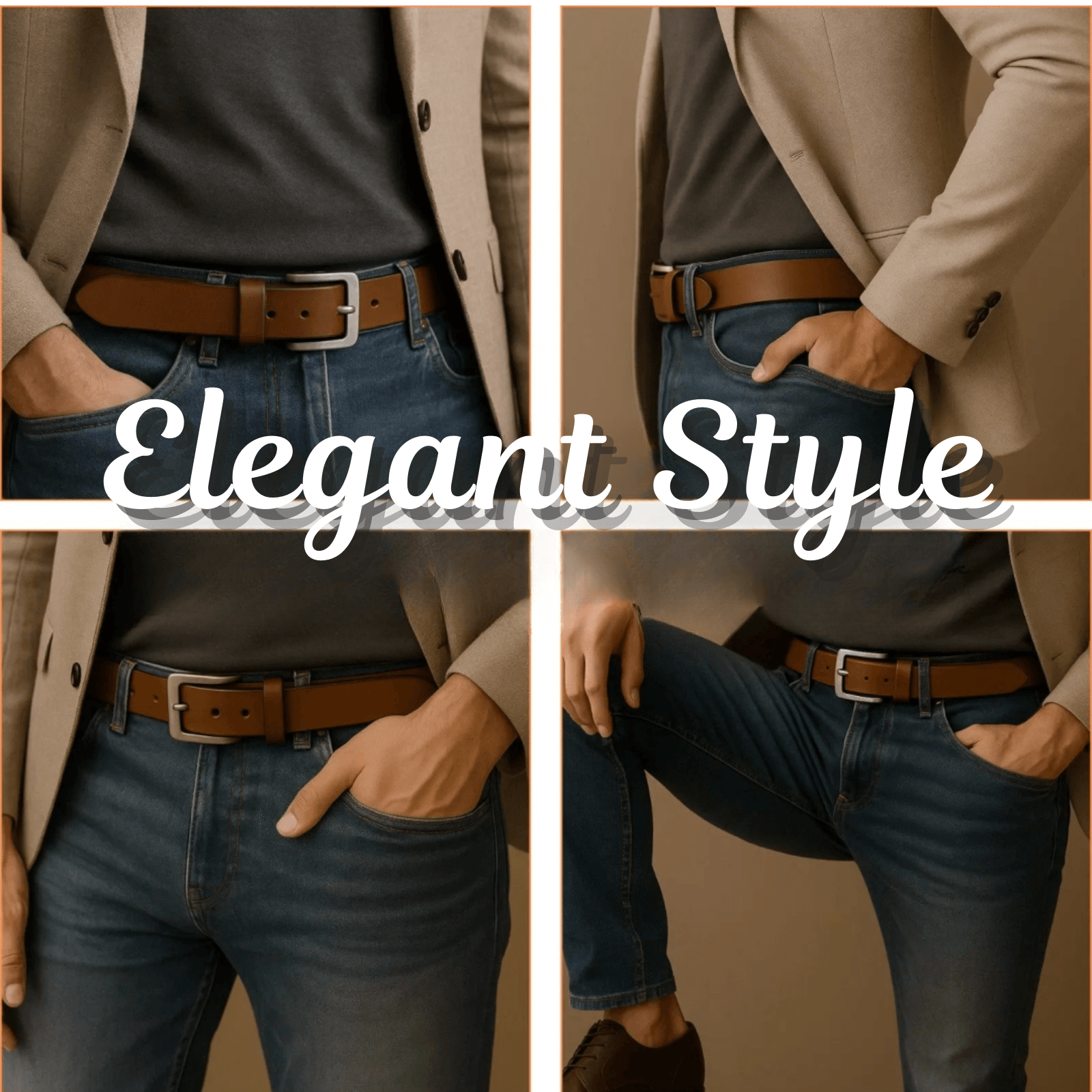 Person wearing a beige coat, brown belt, and blue jeans with 'Elegant Style' text overlay.