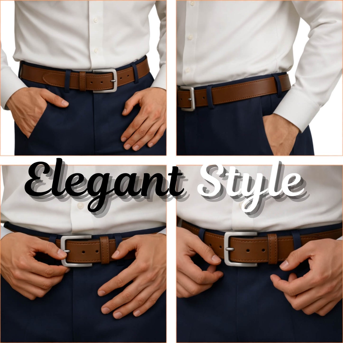 Four panel collage of a person wearing a white shirt, navy pants, and a brown belt with a silver buckle.