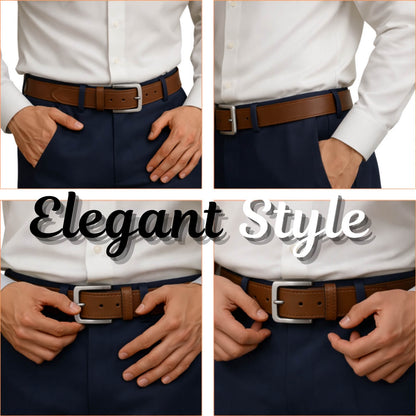 Four panel collage of a person wearing a white shirt, navy pants, and a brown belt with a silver buckle.