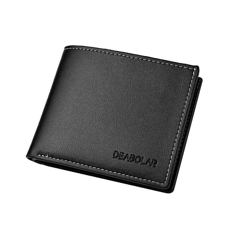 Deabolar black slim PU leather bifold wallet for men shown closed.
