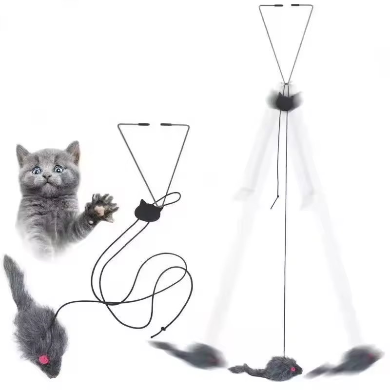 Interactief Hangspeeltje voor Katten Intrekbaar Veren Muis Plagen Touwspeeltje