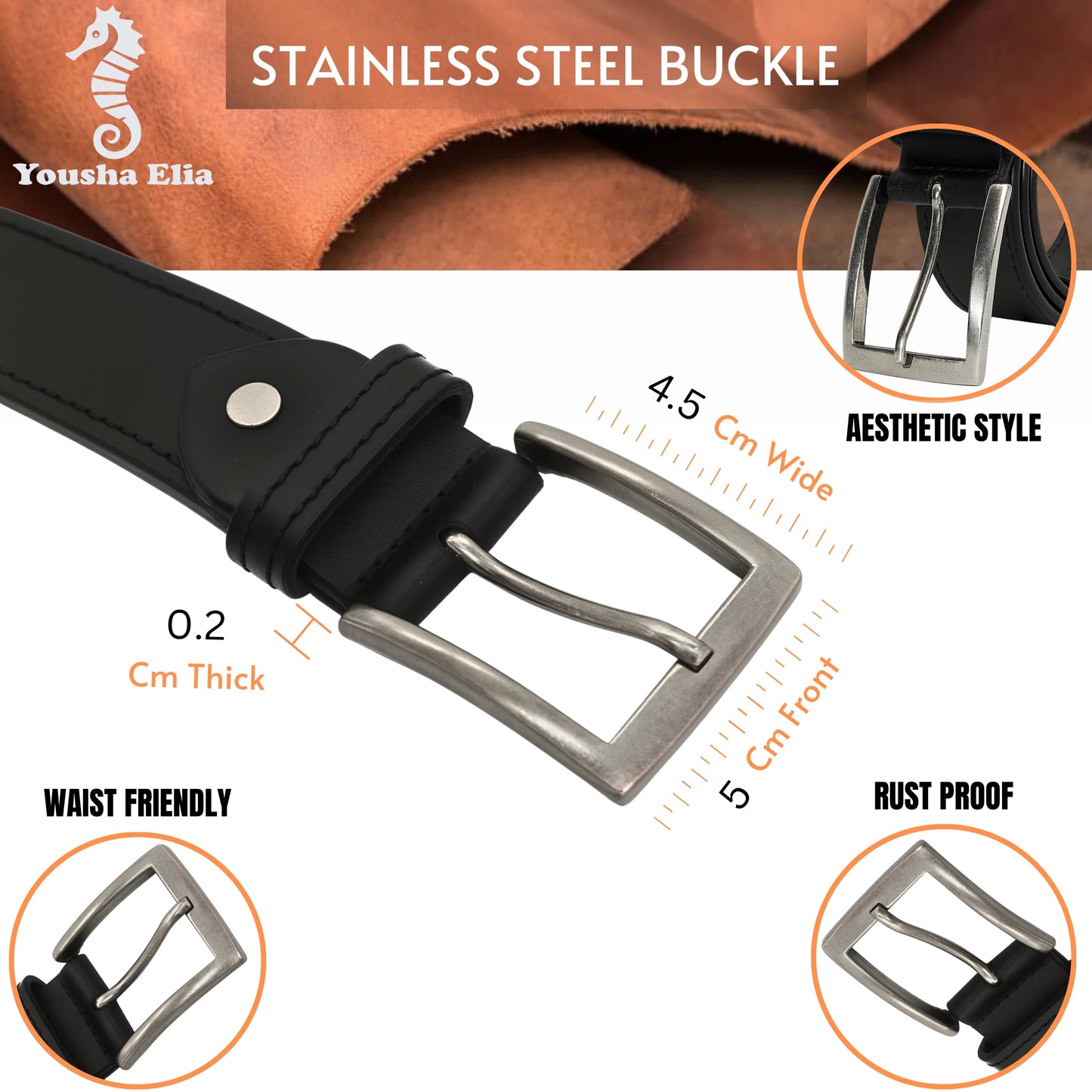 Black belt with stainless steel buckle, featuring specifications and brand name.