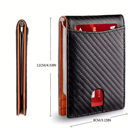 Slim money clip wallet with dimensions shown from front and side views.